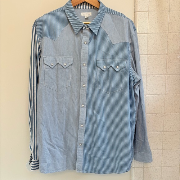 Sun + Stone Other - Sun + Stone Dual Blue Striped Men's Lightweight Denim Shirt 100% Cotton XXL